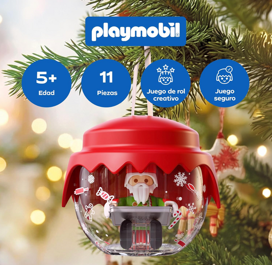 Playmobil 72219 Bola Navideña Papá Noel Panadero - Pastelero colgada en el árbol de Navidad, con Papá Noel dentro sujetando la bandeja de galletas
