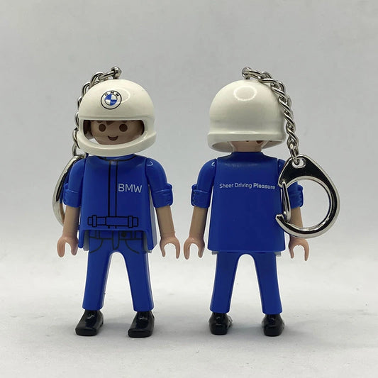 Playmobil Llavero Motorista BMW KEY038 por delante y por detrás, con el lema Sheer Driving Pleasure en la espalda