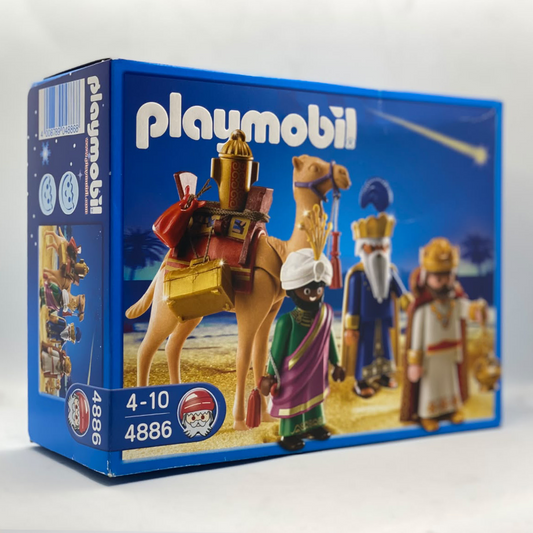 Playmobil 4886 Reyes Magos con Camello - caja precintada, vista frontal con el camello cargado y las tres figuras