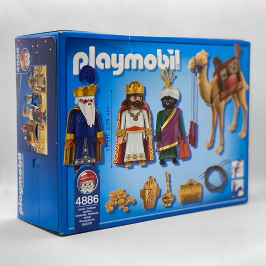 Playmobil 4886 Reyes Magos con Camello - trasera de la caja con el contenido: Melchor, Gaspar, Baltasar, camello, monedas de oro, incensario y anfora