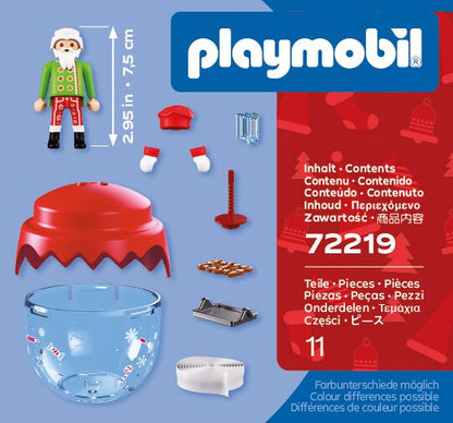 Contenido del Playmobil 72219: Papá Noel panadero y pastelero de 7,5 cm, bola transparente con tapa roja, bandeja de galletas de jengibre y cinta para el árbol