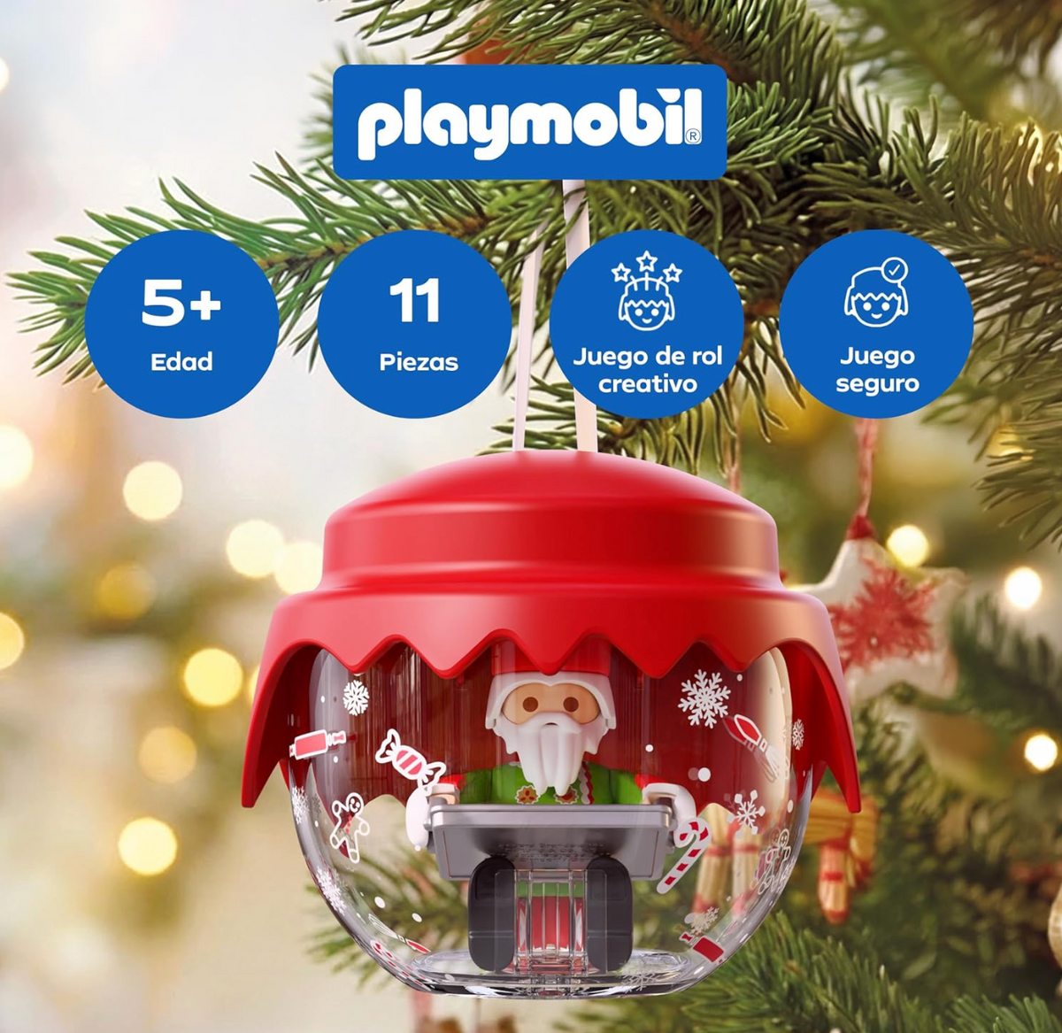 Playmobil 72219 Bola Navideña Papá Noel Panadero - Pastelero colgada en el árbol de Navidad, con Papá Noel dentro sujetando la bandeja de galletas