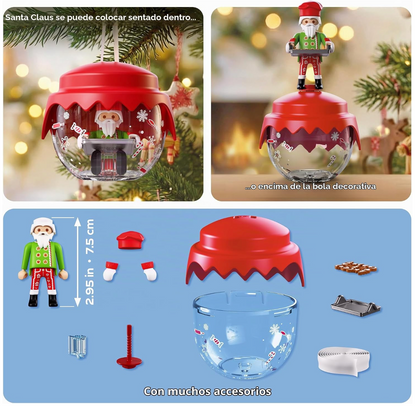 Playmobil 72219 con Papá Noel sentado dentro de la bola o de pie encima, y todas las piezas: figura, gorro, manoplas, bandeja, galletas, bola, tapa roja y cinta