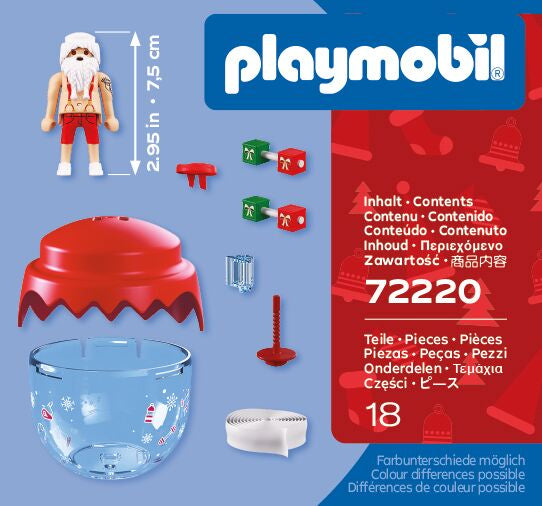 Contenido del Playmobil 72220: Papá Noel culturista de 7,5 cm, cinta, 2 mancuernas de regalos, bola transparente con tapa roja y cinta de tela