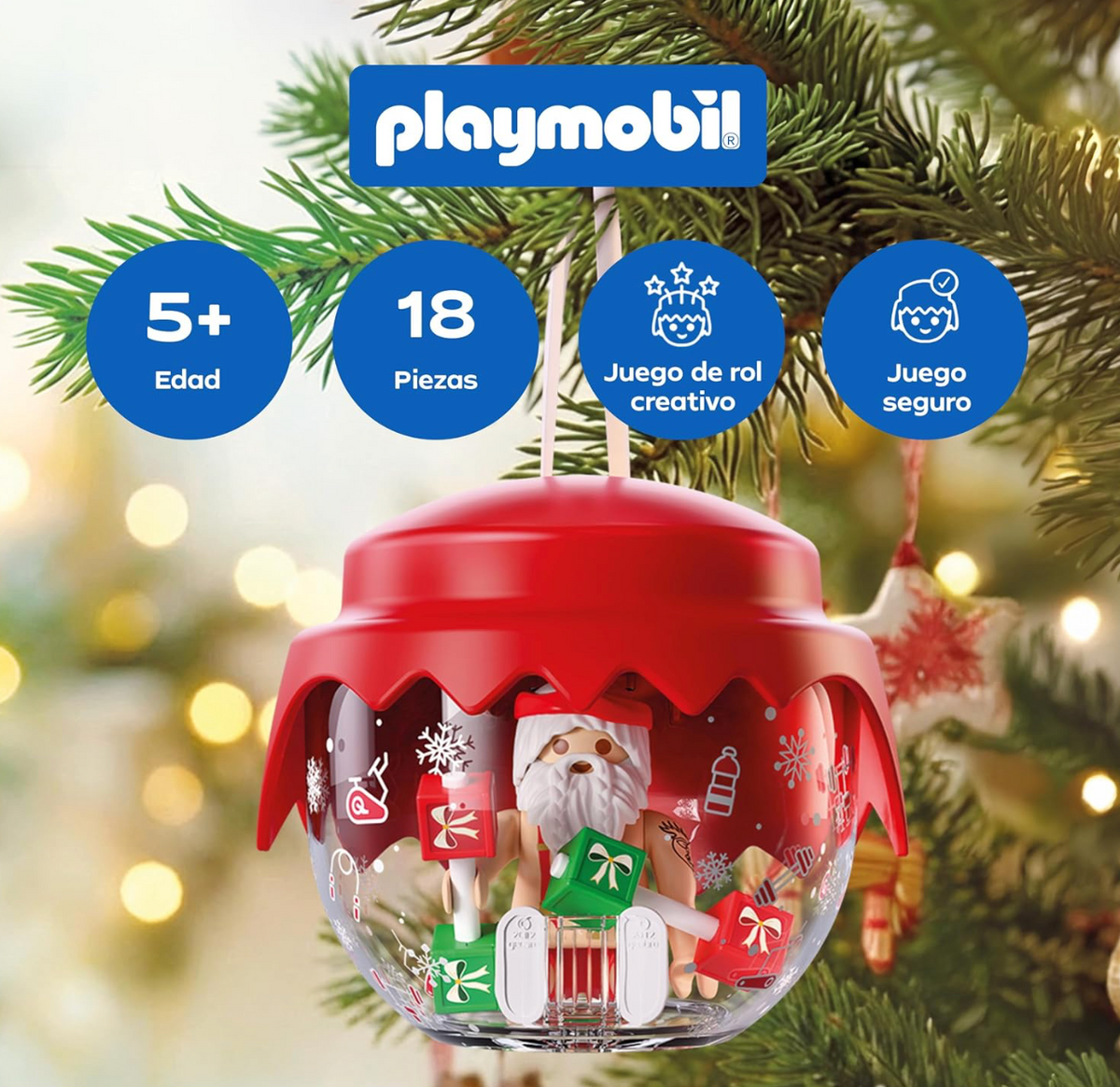 Playmobil 72220 Bola Navideña Papá Noel Culturista colgada en el árbol, con Papá Noel dentro levantando mancuernas de regalos