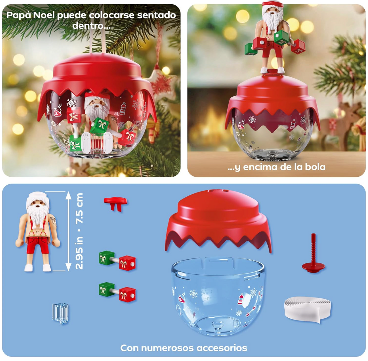 Playmobil 72220 con Papá Noel sentado dentro de la bola o de pie encima, y todas las piezas: figura, cinta, 2 mancuernas, bola, tapa roja y cinta de tela