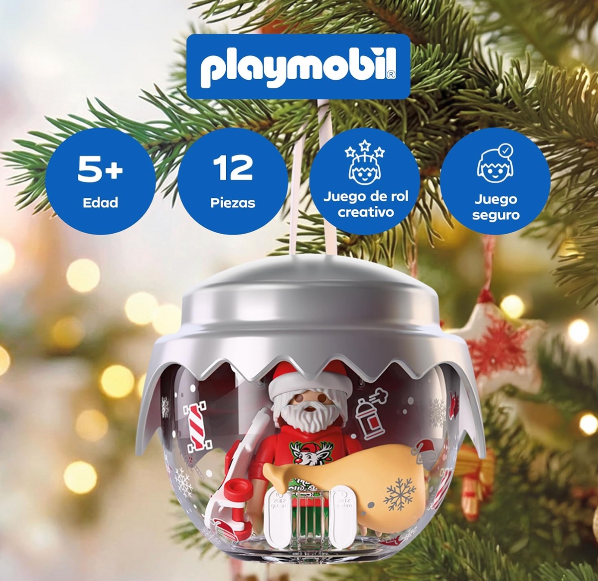 Playmobil 72221 Bola Navideña Papá Noel Skater colgada en el árbol de Navidad, con Papá Noel sentado dentro con su monopatín y saco de regalos