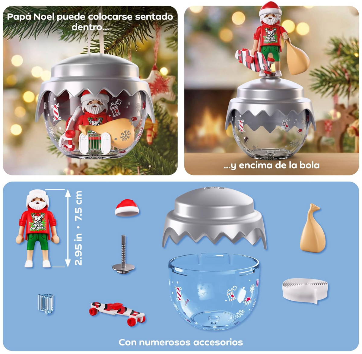 Playmobil 72221 con Papá Noel sentado dentro de la bola o de pie encima, y todas las piezas del set: figura, gorro, monopatín, saco, bola, tapa plateada y cinta