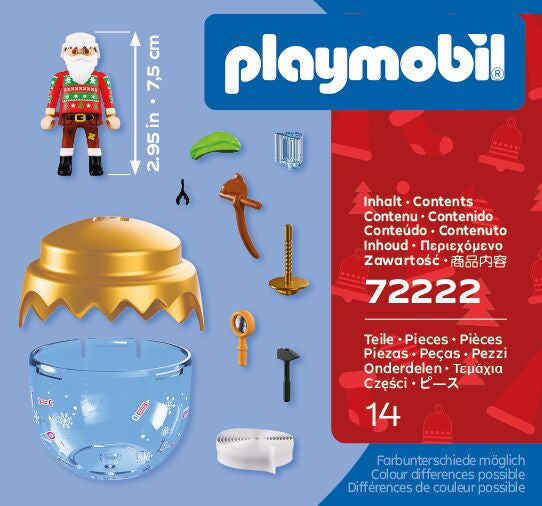 Contenido del Playmobil 72222: Papá Noel inventor de 7,5 cm, boina, herramientas, caballito de madera, bola transparente con tapa dorada y cinta