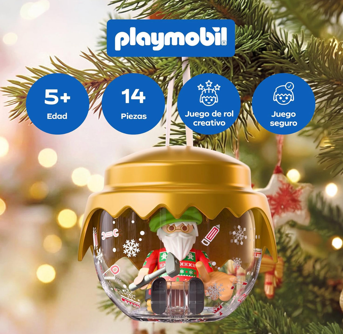 Playmobil 72222 Bola Navideña Papá Noel Inventor de Juegos colgada en el árbol, con Papá Noel dentro con martillo y caballito de madera