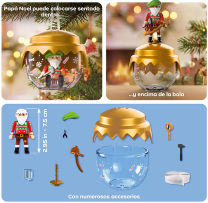 Playmobil 72222 con Papá Noel sentado dentro de la bola o de pie encima, y todas las piezas: figura, boina, martillo, lupa, alicates, caballito, bola, tapa dorada y cinta