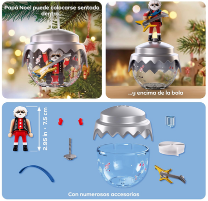 Playmobil 72223 con Papá Noel sentado dentro de la bola o de pie encima, y todas las piezas: figura, guitarra, correa, mitones, bola, tapa plateada y cinta