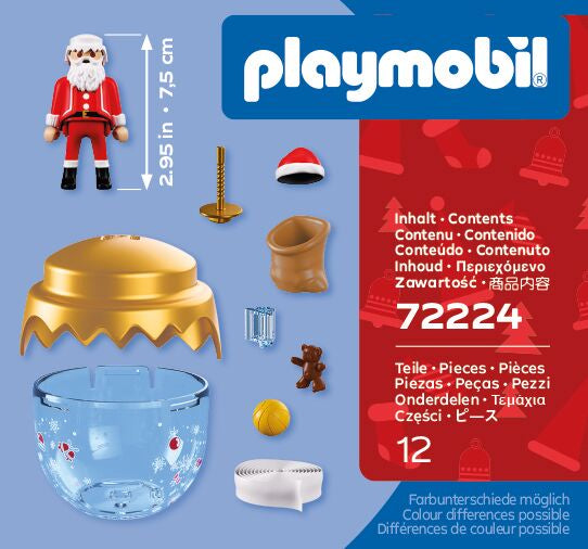 Contenido del Playmobil 72224: Papá Noel clásico de 7,5 cm, gorro, saco, osito, pelota, bola transparente con tapa dorada y cinta