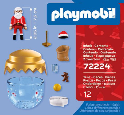 Contenido del Playmobil 72224: Papá Noel clásico de 7,5 cm, gorro, saco, osito, pelota, bola transparente con tapa dorada y cinta