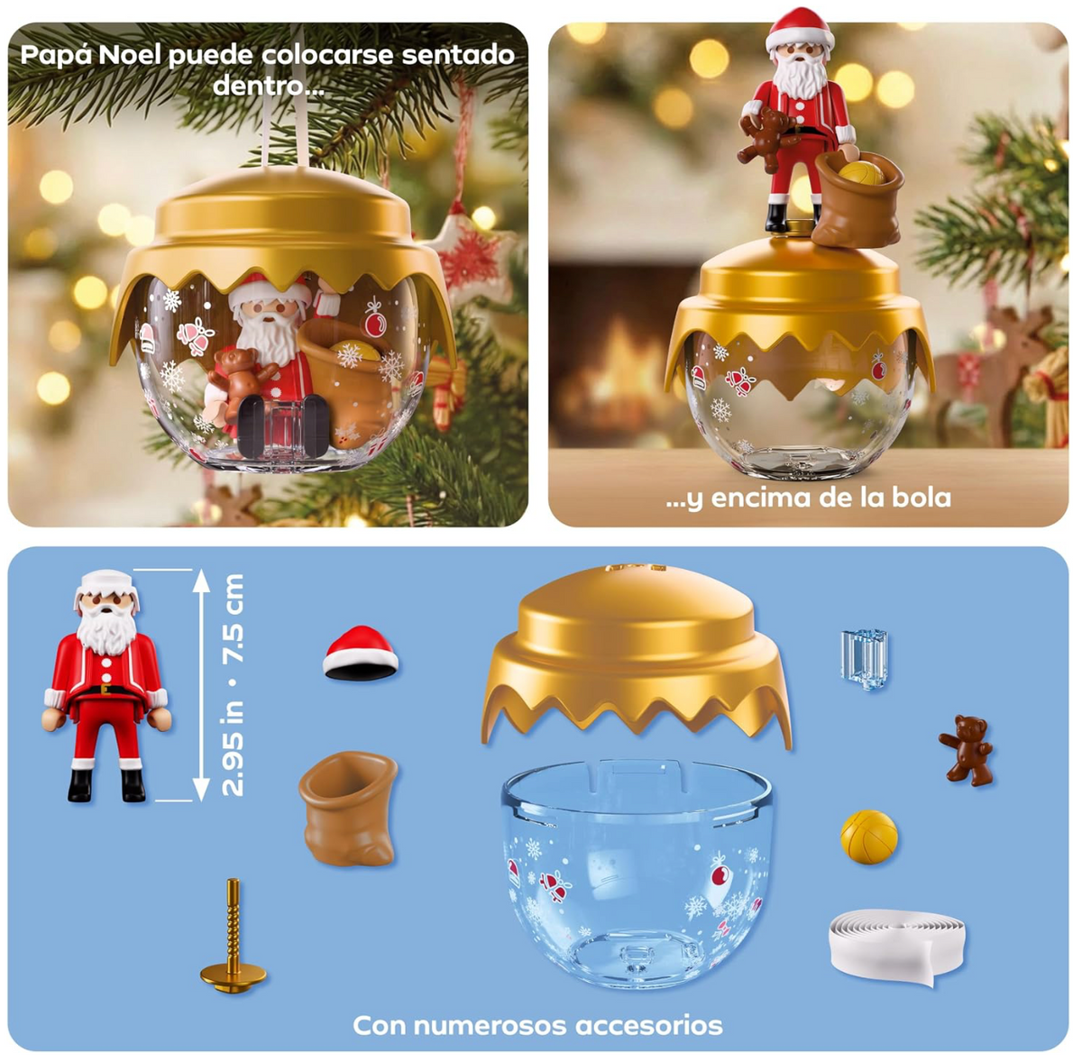 Playmobil 72224 con Papá Noel sentado dentro de la bola o de pie encima, y todas las piezas: figura, gorro, saco, osito, pelota, bola, tapa dorada y cinta