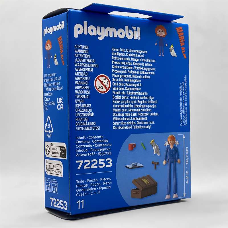 Playmobil 72253 Tia Frida - trasera de la caja con el contenido de 11 piezas y la altura de 10,7 cm