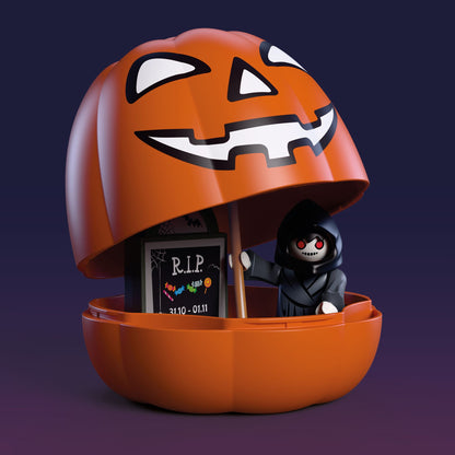 Playmobil 72357 calabaza naranja abierta con La Parca, su guadaña y la lápida R.I.P. dentro
