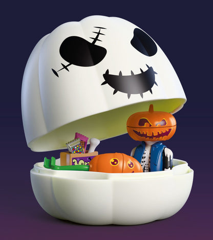 Playmobil 72358 calabaza blanca abierta con la figura cabeza de calabaza, chuches y hueso dentro