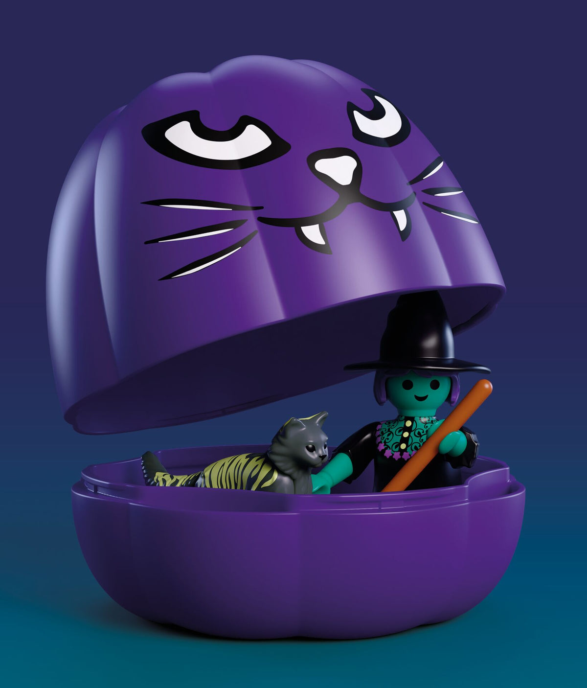 Playmobil 72360 calabaza morada con cara de gato abierta, con la bruja y el gato dentro