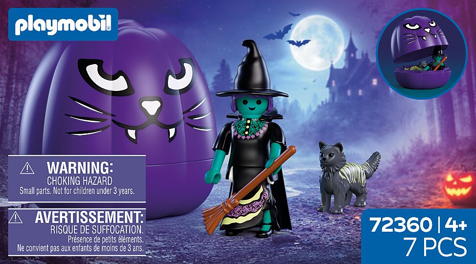 Contenido del Playmobil 72360: bruja con sombrero y escoba, gato gris y calabaza morada, 7 piezas