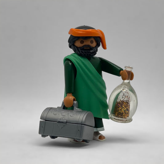 Playmobil Recaudador del Rey Herodes Belén FCO957 con manto verde, cofre gris y frasco con oro