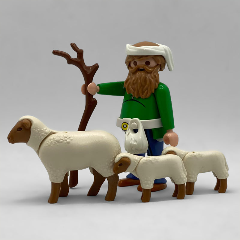 Playmobil Pastor Gordo Belén con Ovejas FCO963 con túnica verde, gorro de piel, cayado de rama y tres ovejas