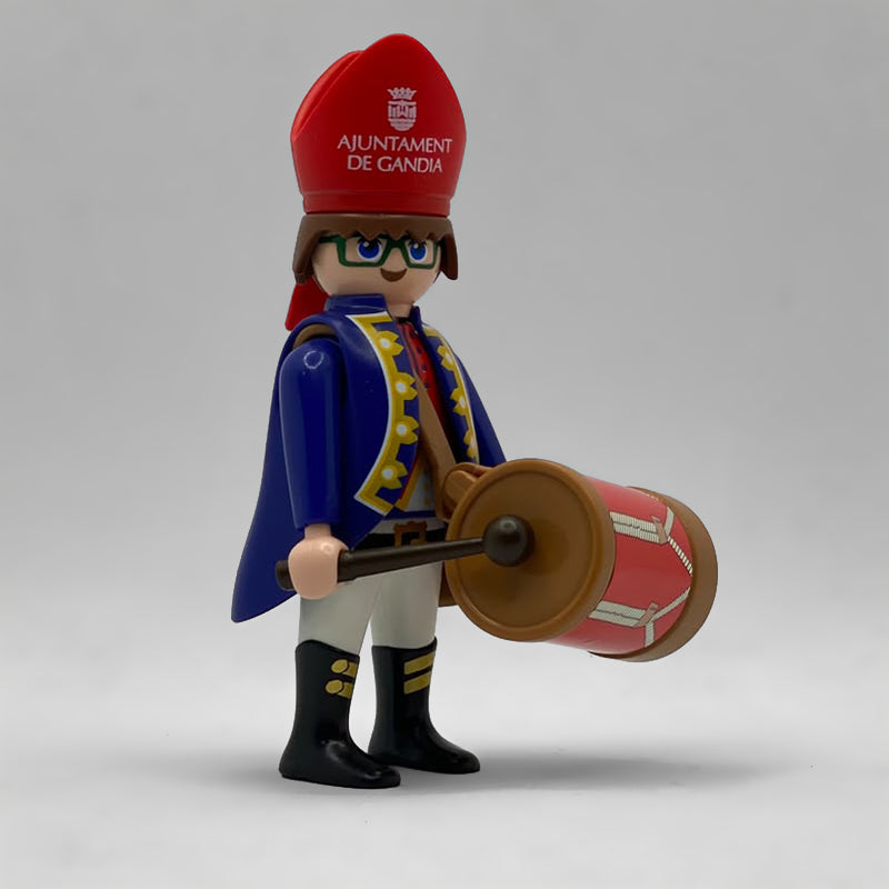 Playmobil Tio de la Porra Gandia con Tambor FCO982 - figura con mitra roja del Ajuntament, casaca azul, tambor rojo y baqueta