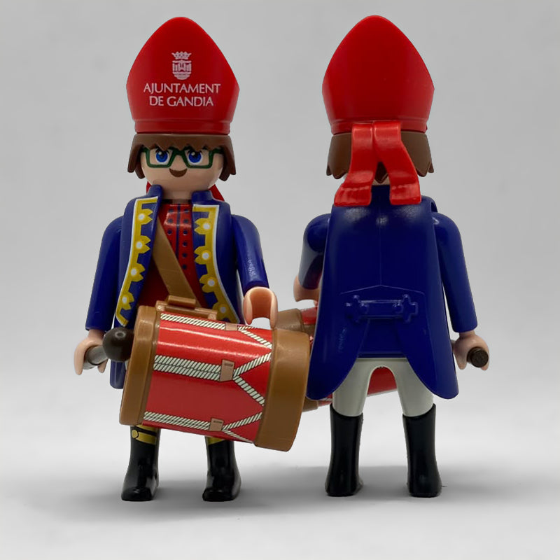 Playmobil Tio de la Porra Gandia con Tambor FCO982 - vista delantera y trasera con la bandolera y el tambor