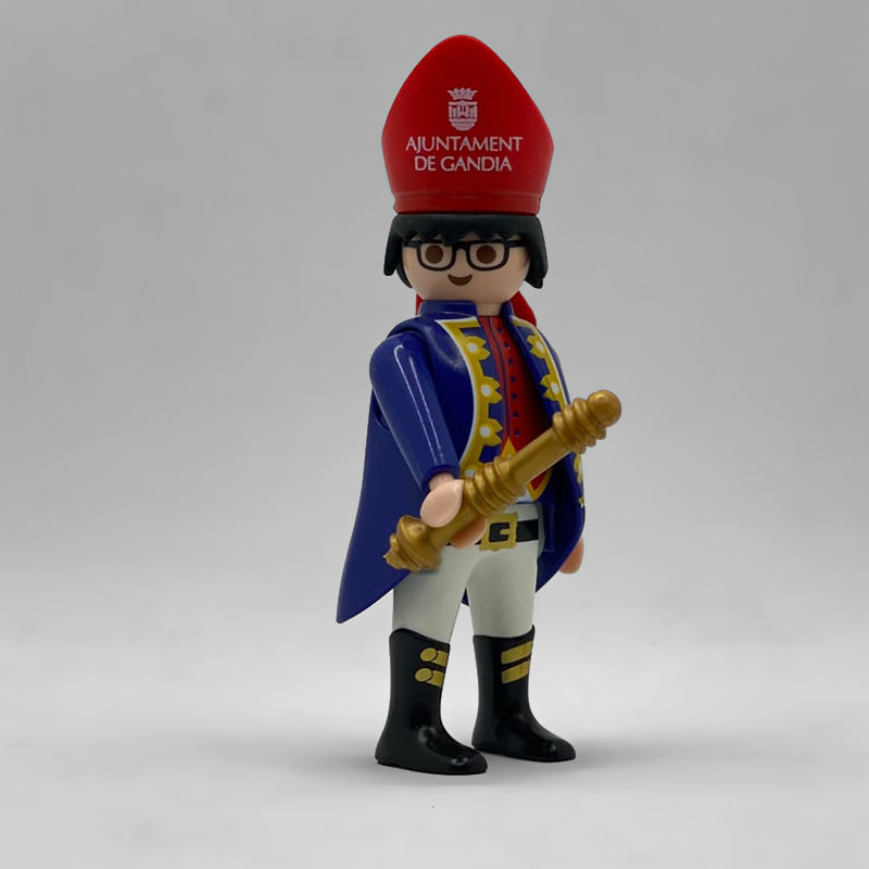 Playmobil Tio de la Porra Gandia con Baston Dorado FCO983 - figura con mitra roja del Ajuntament, capa azul y vara de mando dorada