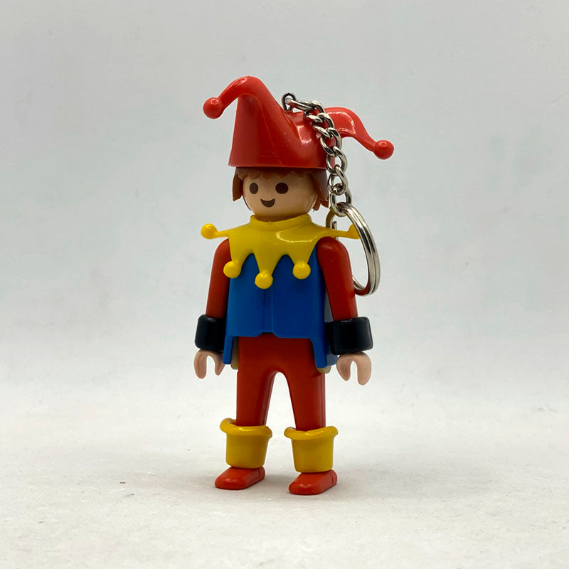 Llavero Playmobil vintage Bufón Arlequín 7605 con gorro rojo de cascabeles, gorguera amarilla y peto azul