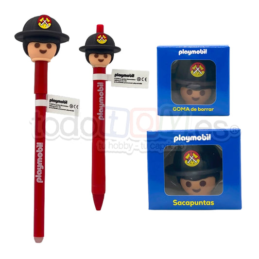 Playmobil Lote Bolígrafo, Lápiz, Goma y Sacapuntas de Bombero OTR173