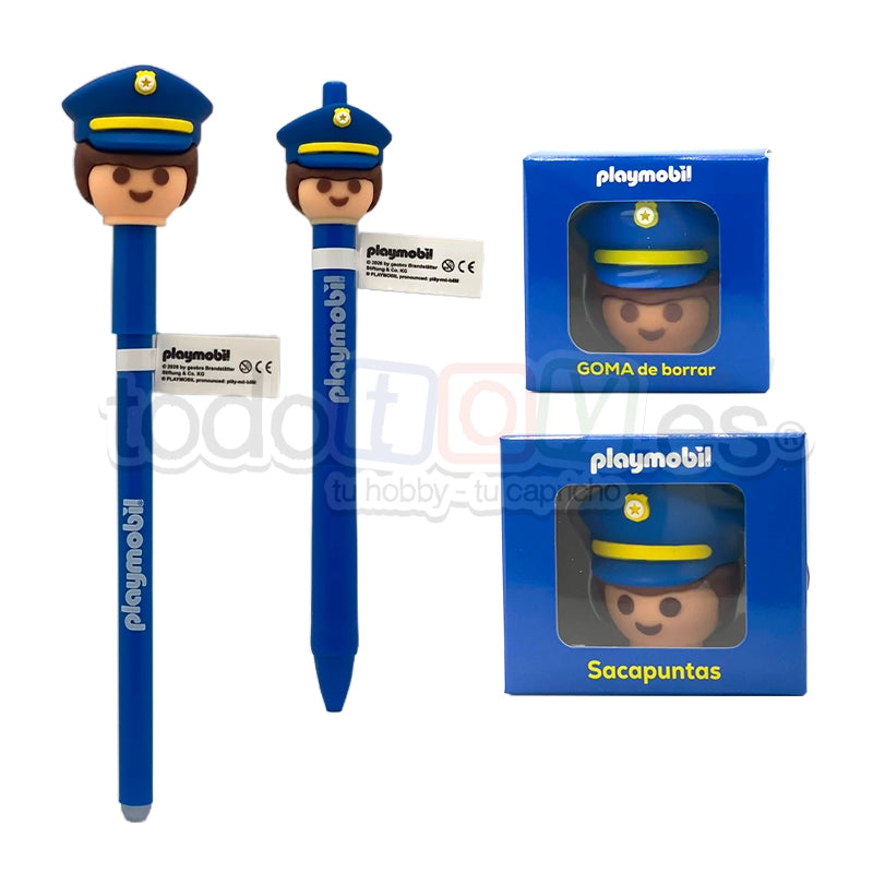 Playmobil Lote Bolígrafo, Lápiz, Goma y Sacapuntas de Policía OTR174