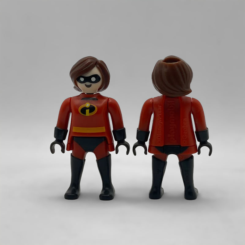 Elastigirl Playmobil FCO995 de frente y de espalda con el marcaje ©Disney/Pixar, playmobil y ©geobra moldeado en el traje