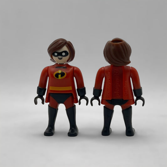 Elastigirl Playmobil FCO995 de frente y de espalda con el marcaje ©Disney/Pixar, playmobil y ©geobra moldeado en el traje
